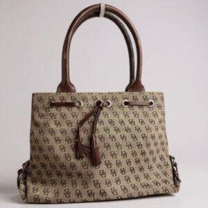 Dooney & Bourke Logo Canvas Satchel Brown Monogram, Leather Handles with Tassel